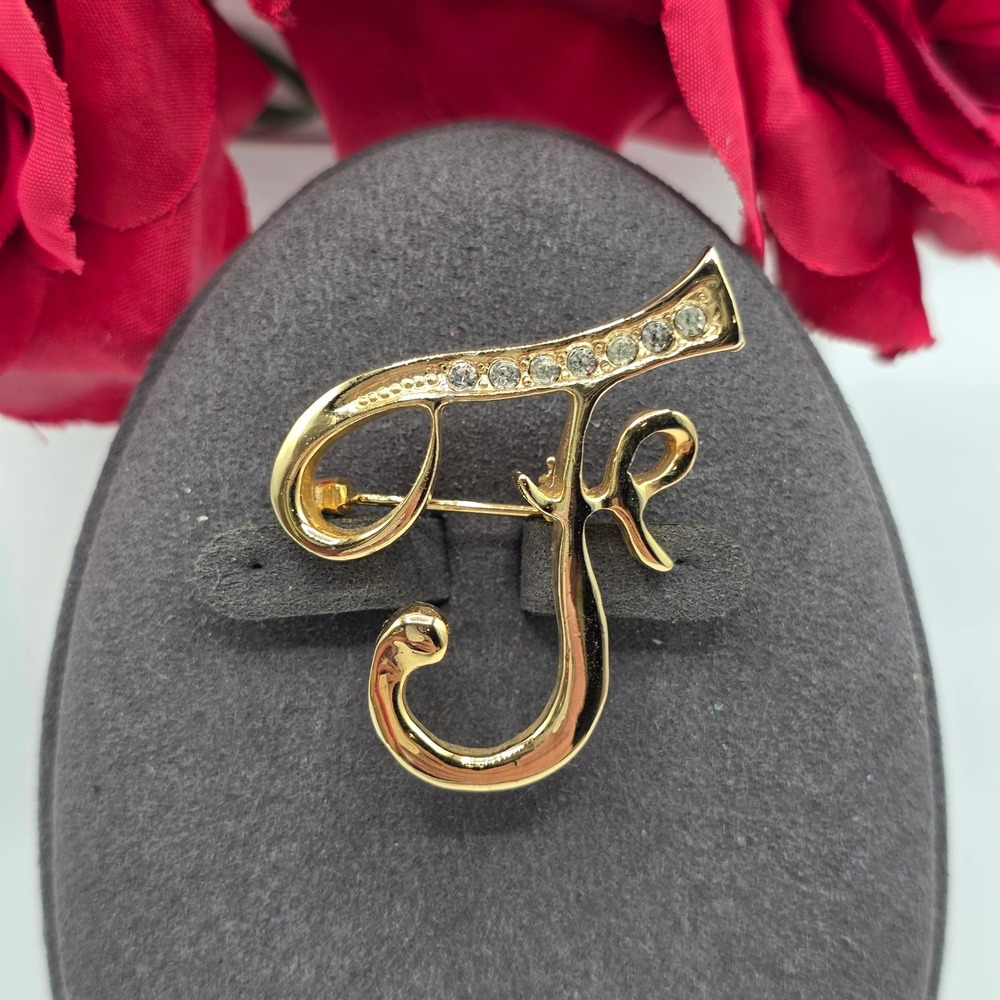 Gold Tone Rhinestone Script Initial Letter F Brooch Cursive Monogram Pin Classy